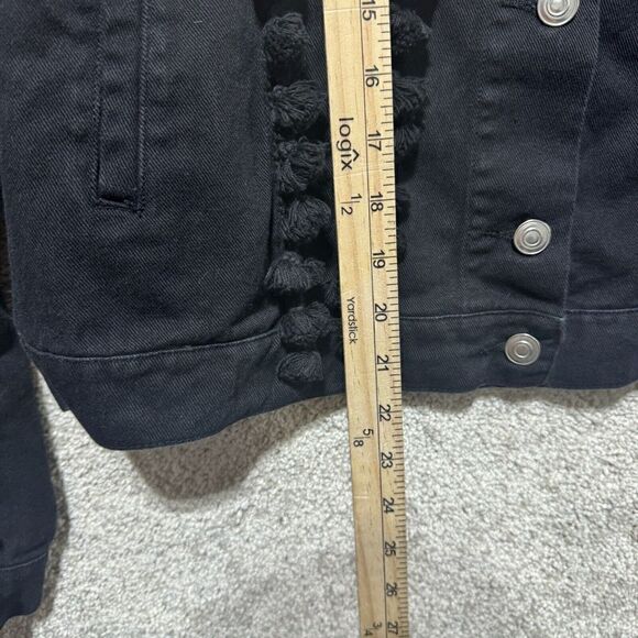Free The Roses Denim Jean Jacket Black Pom Pom Women's Large Button Up - Picture 9 of 12